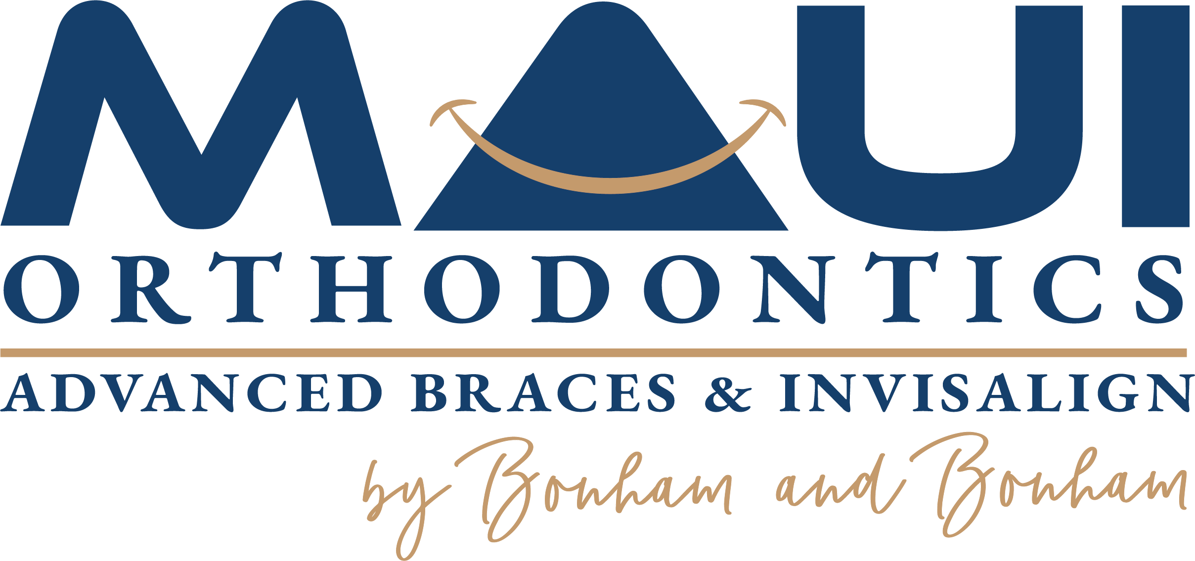 Maui Orthodontics logo featuring a smiling mouth and triangle design, advanced braces and Invisalign by Bonham and Bonham.
